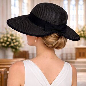 Vintage Black Straw Sun Hat Wide Brim Church Formal Womens Summer Bow Updo Notch